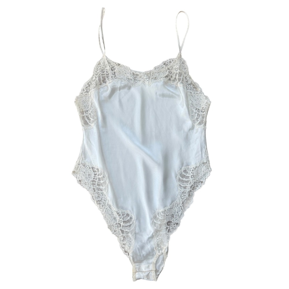 Victoria's Secret Gold Label Satin Lace Teddy Bodysuit Large White Vintage 80s